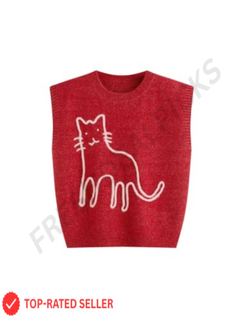 Wool Blend Sweater Vest Cropped Sleeveless Cat Round Neck Pullover Casual